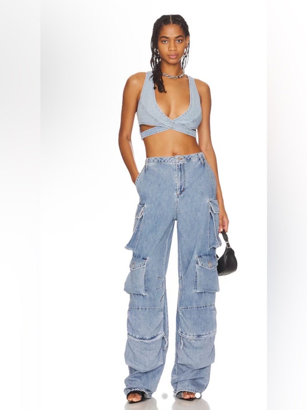 AFRM Light Blue Parker Cargo Wide-Leg Denim Pants Oversized Jeans